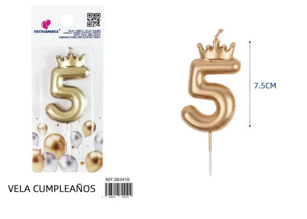 Vela de cumpleaños número 5 dorada con corona 7.5 cm