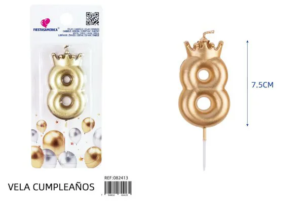 Vela de cumpleaños número 8 dorada con corona 7.5 cm