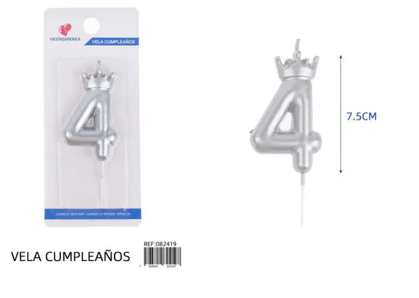 Vela de cumpleaños número 4 plateada con corona 7.5 cm