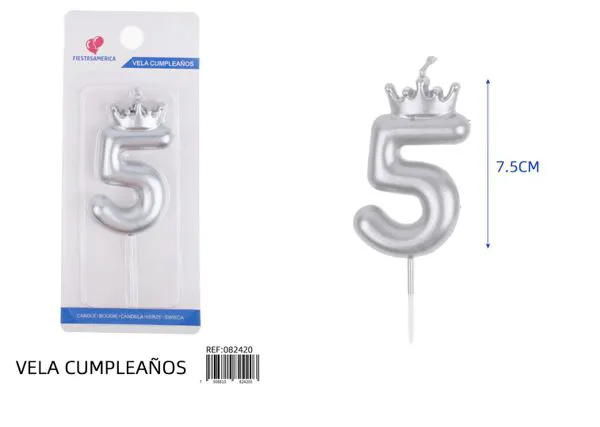 Vela de cumpleaños número 5 plateada con corona 7.5 cm