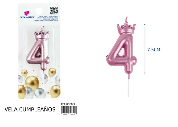Vela de cumpleaños número 4 dorada con corona 7.5 cm