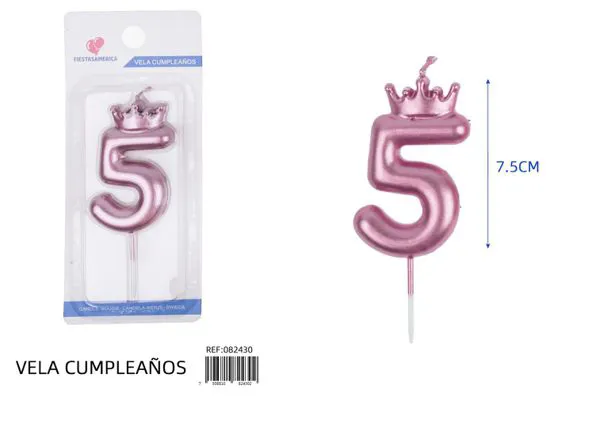 Vela de cumpleaños número 5 dorada con corona 7.5 cm