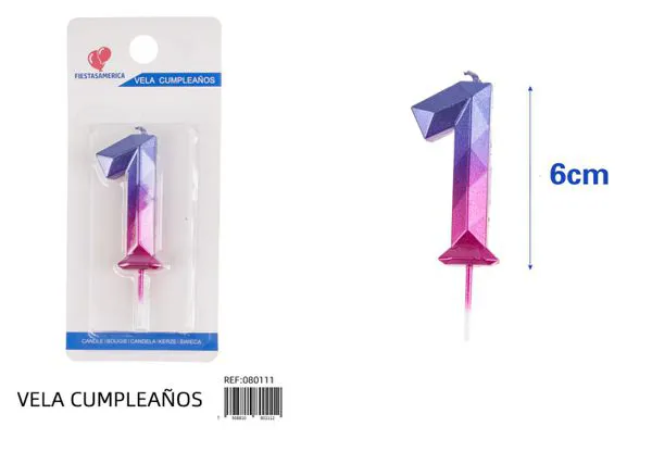 Vela de cumpleaños número 1 degradado poligonal 6 cm