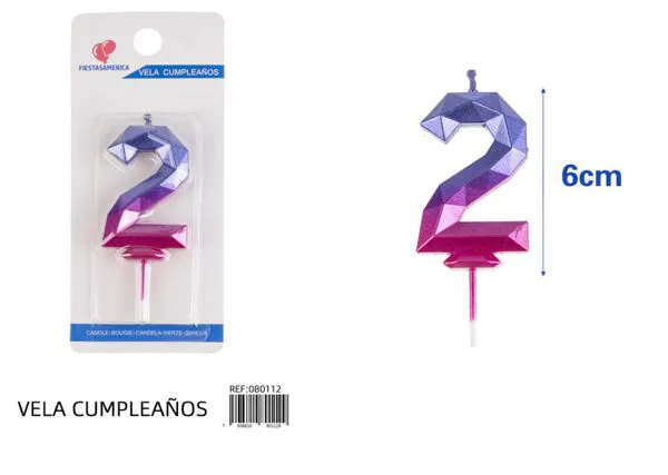 Vela de cumpleaños número 2 degradado poligonal 6 cm