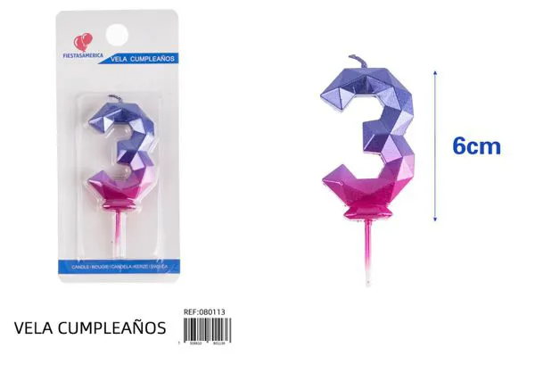 Vela de cumpleaños número 3 degradado poligonal 6 cm