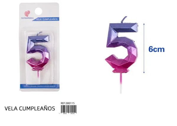Vela de cumpleaños número 5 degradado poligonal 6 cm