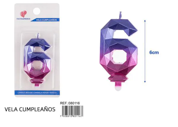 Vela de cumpleaños número 6 degradado poligonal 6 cm