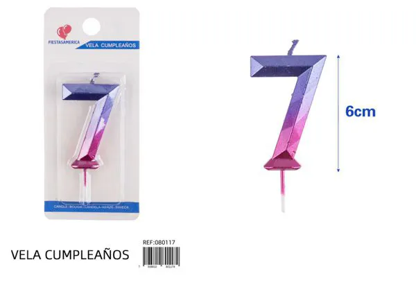 Vela de cumpleaños número 7 degradado poligonal 6 cm