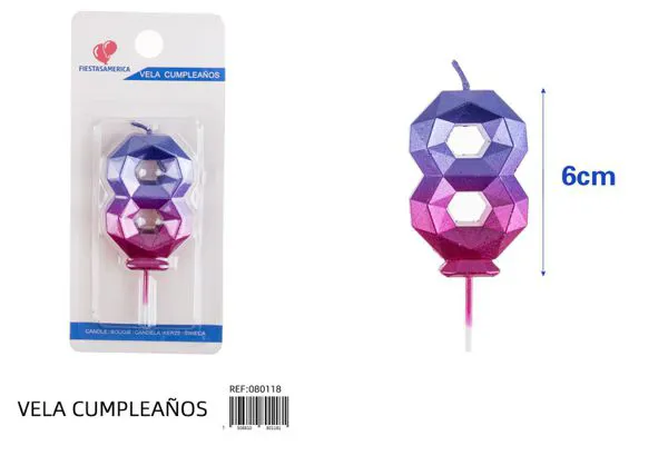 Vela de cumpleaños número 8 degradado poligonal 6 cm