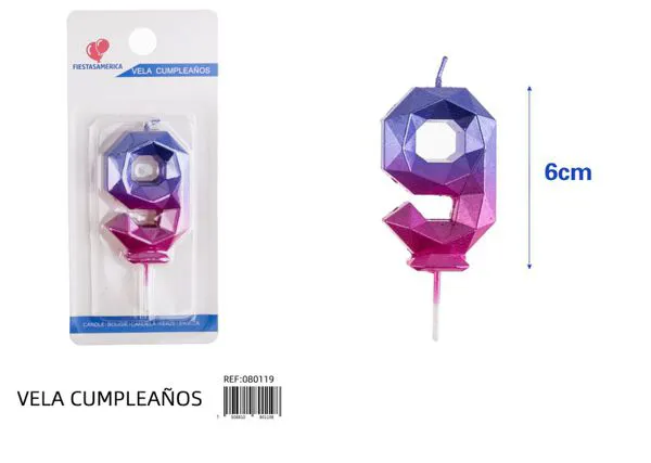 Vela de cumpleaños número 9 degradado poligonal 6 cm