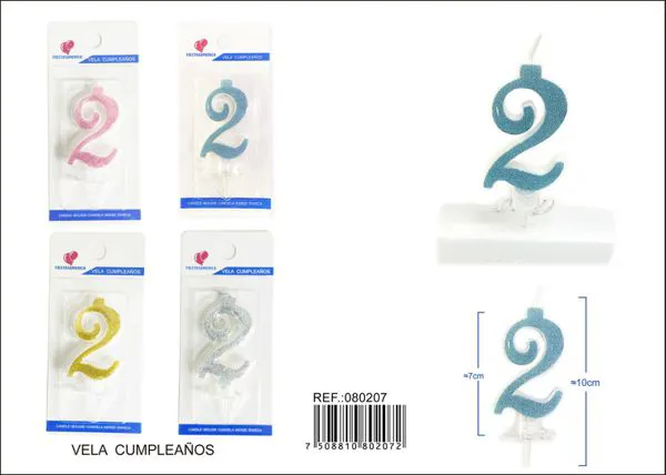 Vela de cumpleaños número 2 con escarcha dorada 6 cm