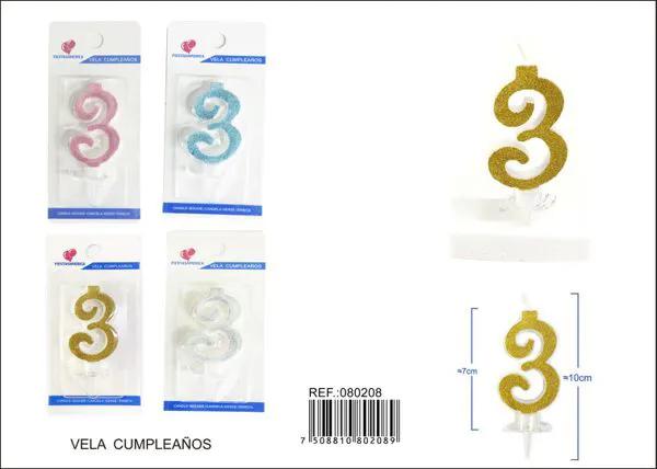 Vela de cumpleaños número 3 con escarcha dorada 6 cm