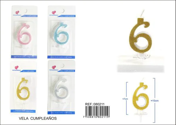 Vela de cumpleaños número 6 con escarcha dorada 6 cm