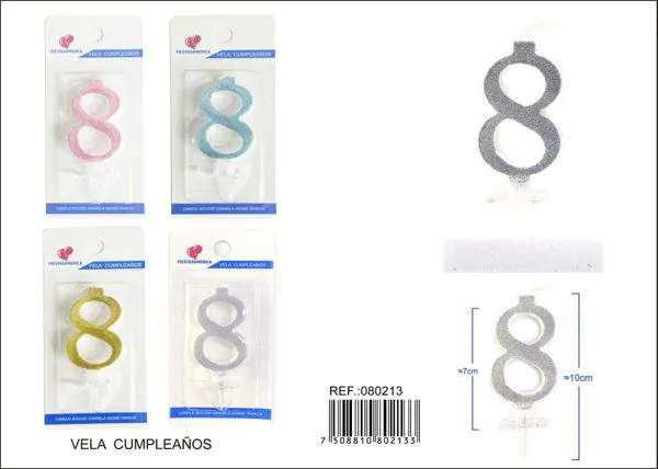 Vela de cumpleaños número 8 con escarcha dorada 6 cm
