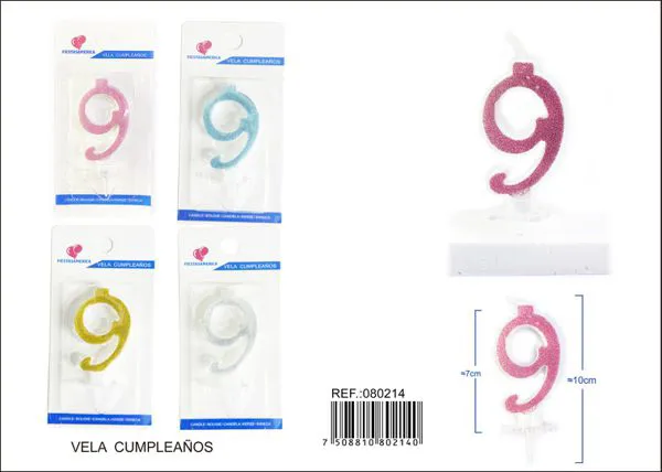 Vela de cumpleaños número 9 con escarcha dorada 6 cm