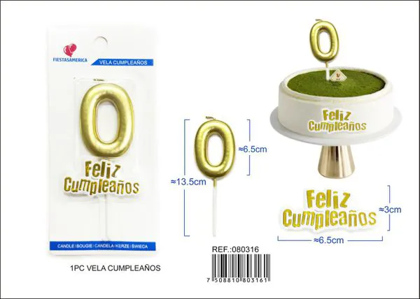 Vela de cumpleaños número 0 dorada 7 cm