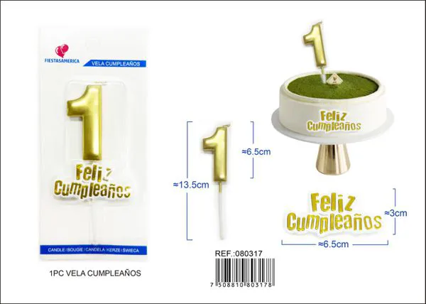 Vela de cumpleaños número 1 dorada 7 cm