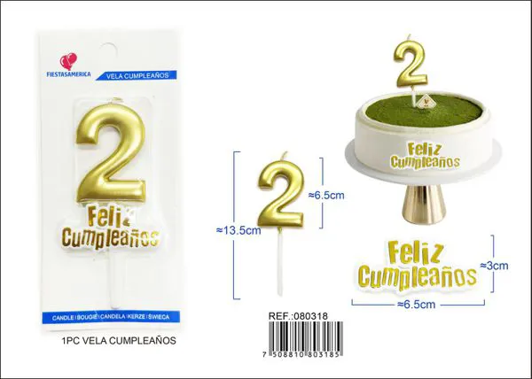 Vela de cumpleaños número 2 dorada 7 cm