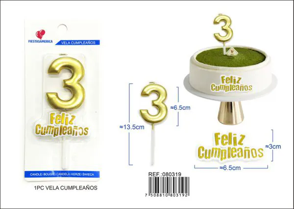 Vela de cumpleaños número 3 dorada 7 cm
