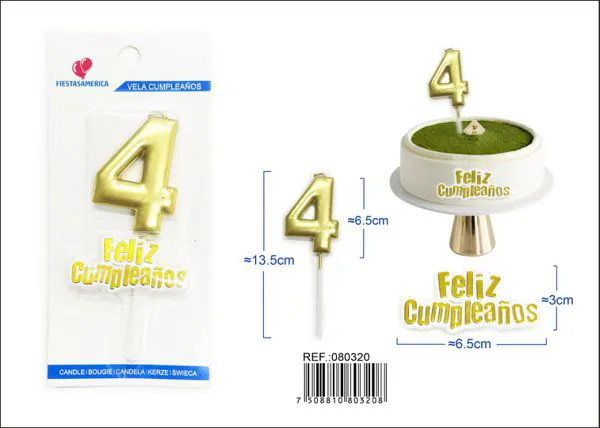 Vela de cumpleaños número 4 dorada 7 cm