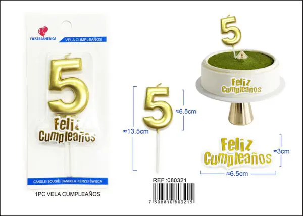 Vela de cumpleaños número 5 dorada 7 cm