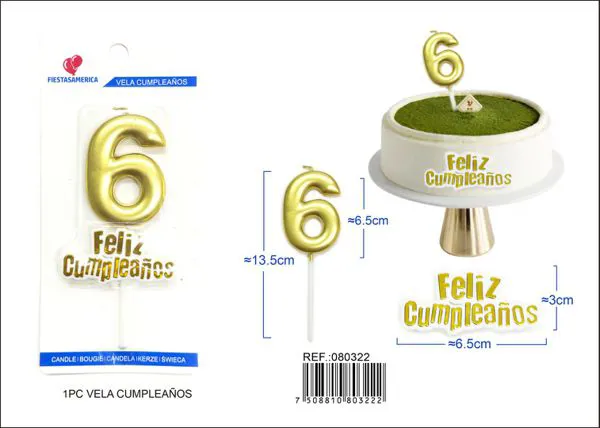 Vela de cumpleaños número 6 dorada 7 cm