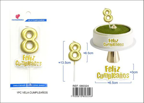 Vela de cumpleaños número 8 dorada 7 cm