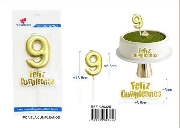 Vela de cumpleaños número 9 dorada 7 cm