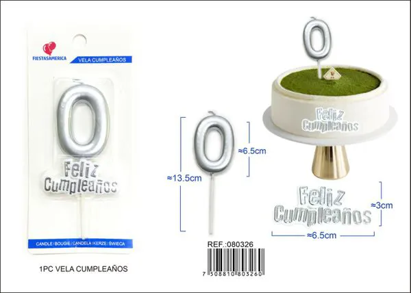 Vela de cumpleaños número 0 plateada 7 cm