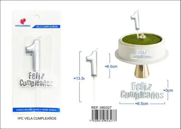 Vela de cumpleaños número 1 plateada 7 cm