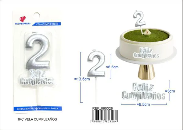 Vela de cumpleaños número 2 plateada 7 cm