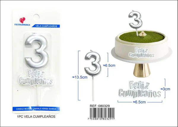 Vela de cumpleaños número 3 plateada 7 cm