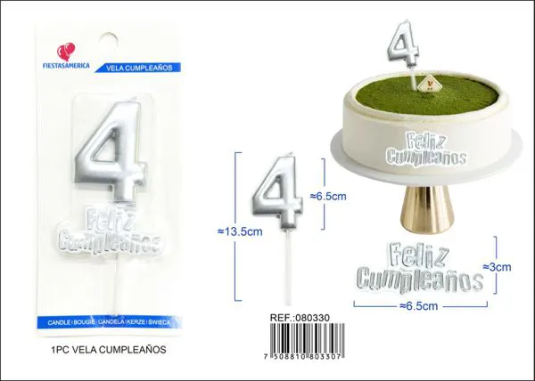 Vela de cumpleaños número 4 plateada 7 cm