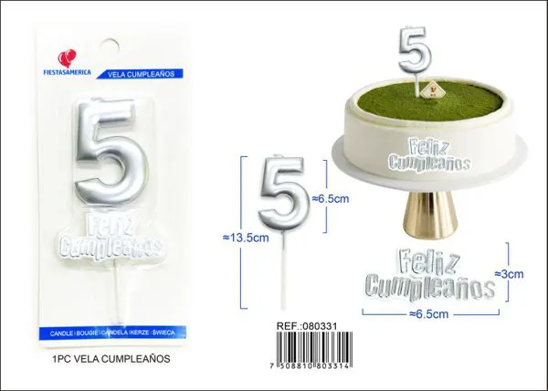 Vela de cumpleaños número 5 plateada 7 cm