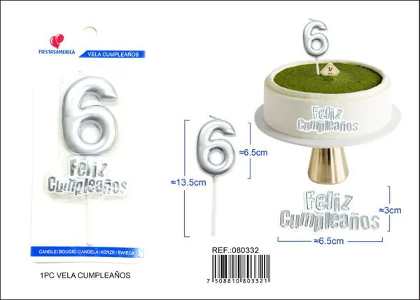 Vela de cumpleaños número 6 plateada 7 cm