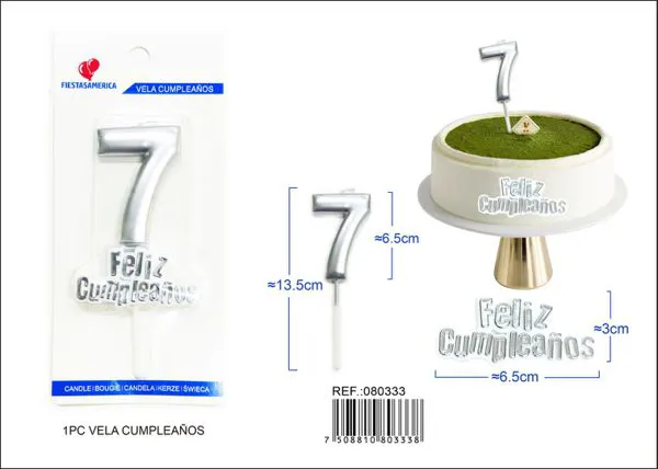 Vela de cumpleaños número 7 plateada 7 cm