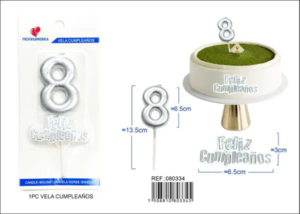 Vela de cumpleaños número 8 plateada 7 cm