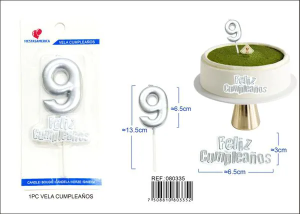 Vela de cumpleaños número 9 plateada 7 cm