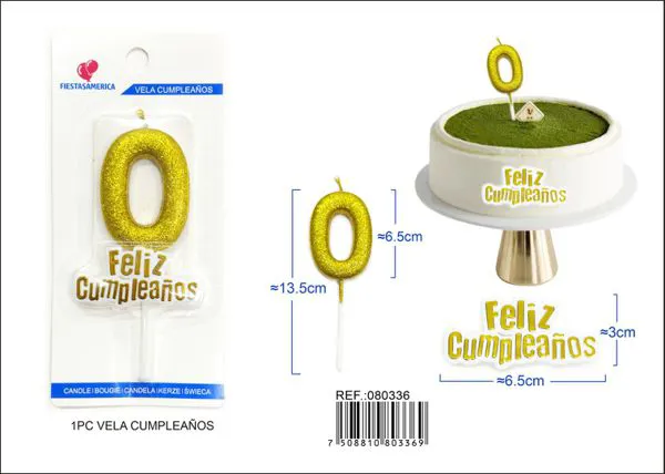 Vela de cumpleaños número 0 dorada con escarcha dorada 7 cm