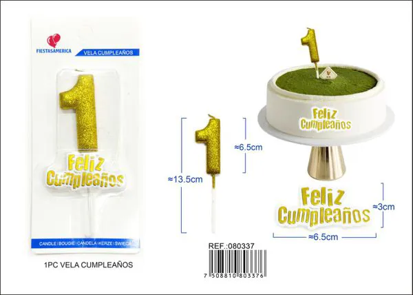 Vela de cumpleaños número 1 dorada con escarcha dorada 7 cm