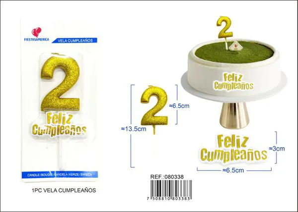 Vela de cumpleaños número 2 dorada con escarcha dorada 7 cm