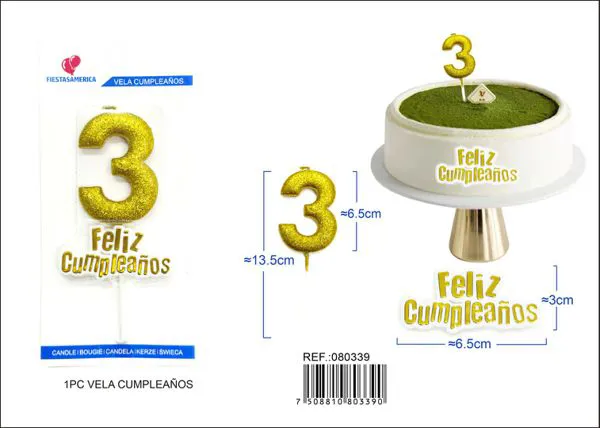 Vela de cumpleaños número 3 dorada con escarcha dorada 7 cm