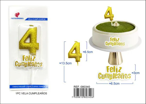 Vela de cumpleaños número 4 dorada con escarcha dorada 7 cm