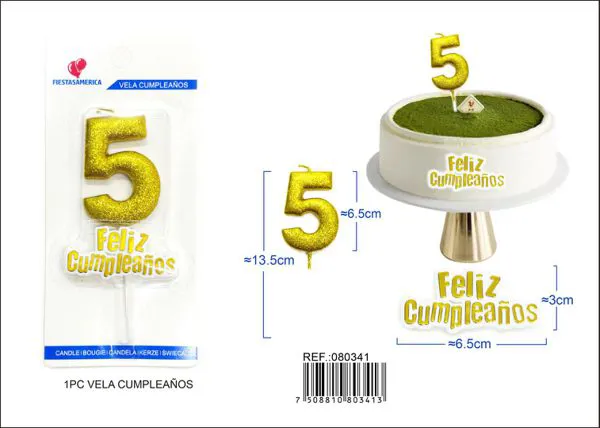 Vela de cumpleaños número 5 dorada con escarcha dorada 7 cm