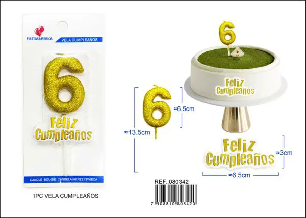 Vela de cumpleaños número 6 dorada con escarcha dorada 7 cm