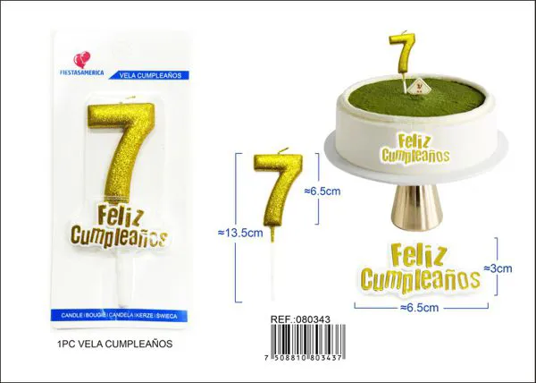 Vela de cumpleaños número 7 dorada con escarcha dorada 7 cm