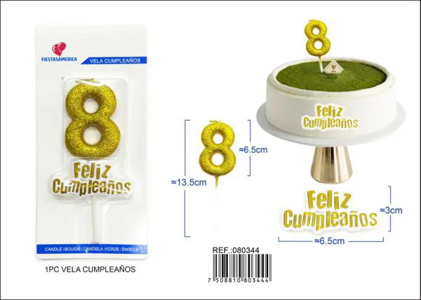 Vela de cumpleaños número 8 dorada con escarcha dorada 7 cm