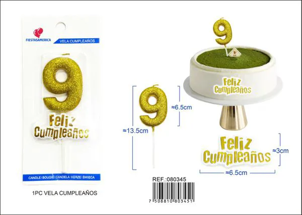 Vela de cumpleaños número 9 dorada con escarcha dorada 7 cm