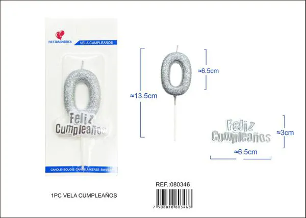 Vela de cumpleaños número 0 plateada con escarcha plateada 7 cm