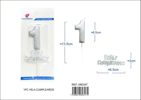 Vela de cumpleaños número 1 plateada con escarcha plateada 7 cm